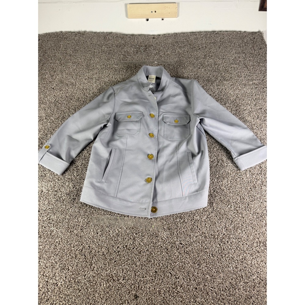 Blair Womens Light Gray Blue Utility Jacket Mock Neck Gold Button Front Size S